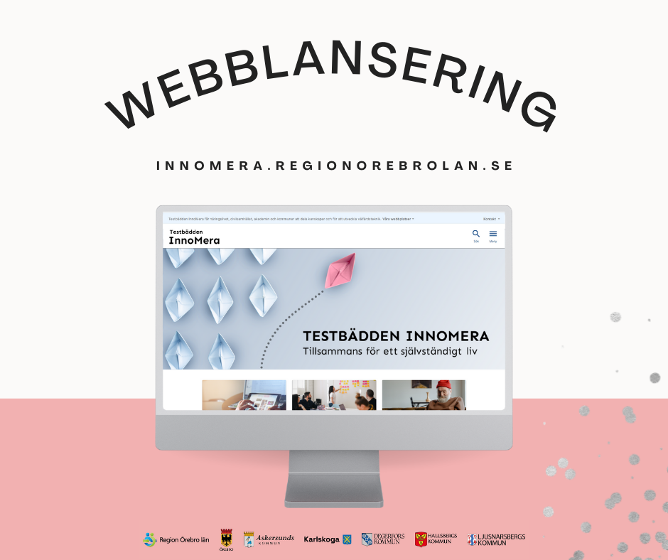 En animerad dator med den nya webbplatsen innomera.regionorebrolan.se. Ovanför datorn står texten Webblansering