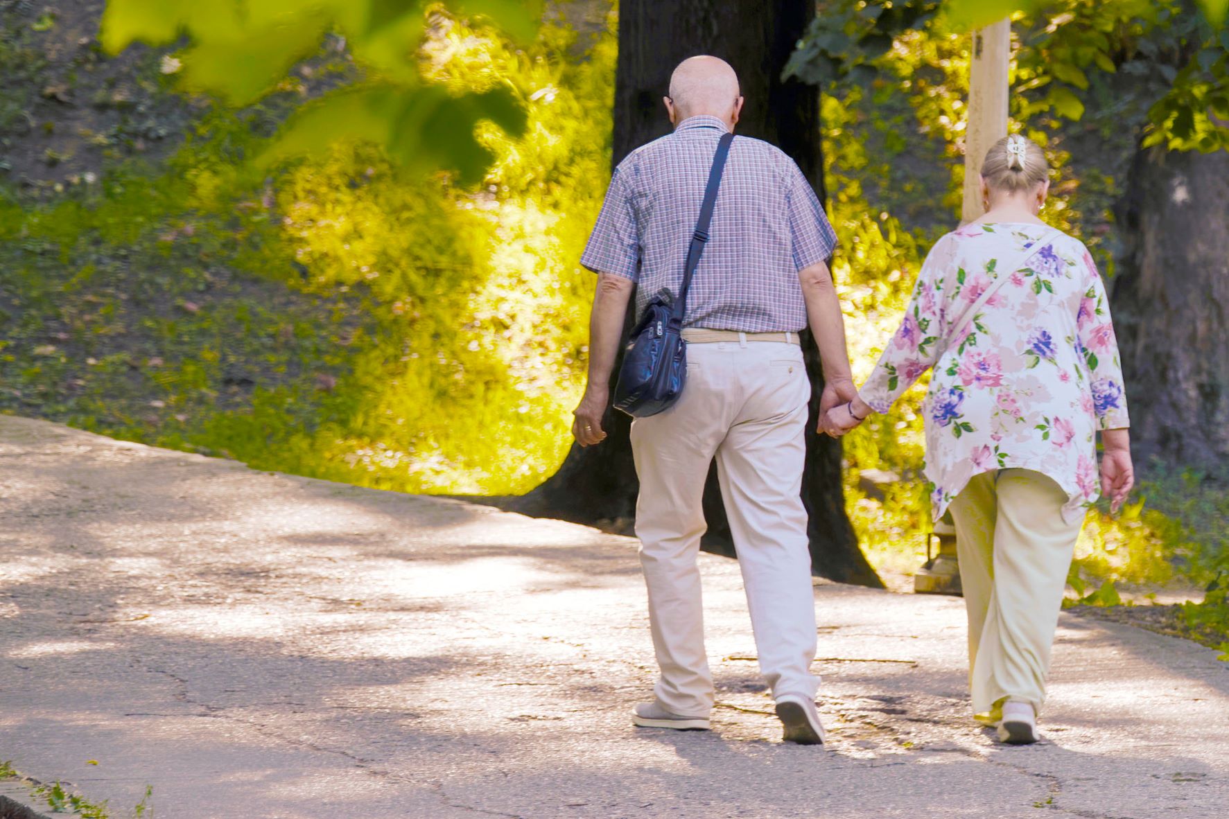 Ett äldre par går och håller handen, de promenerar i en vacker omgivning i grönska. Det är bara deras ryggtavlor som syns